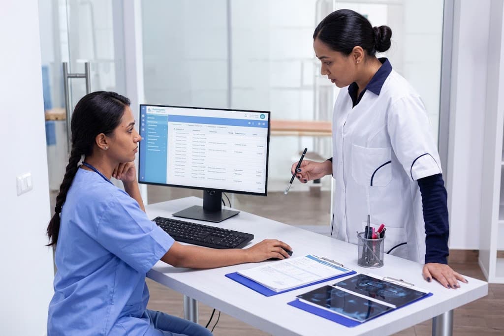 Clinical team reviewing a patient's records together on screen
