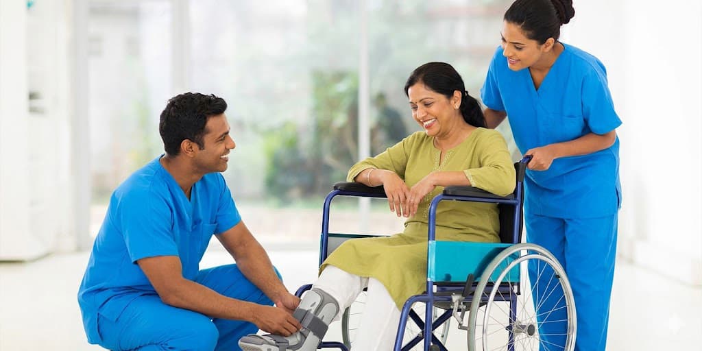 Caregivers assisting an elderly patient in a wheelchair during post-surgical rehabilitation