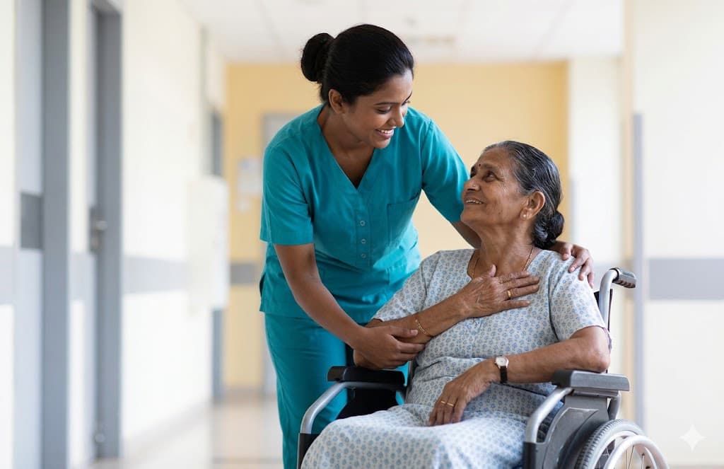 Nurse comforting an elderly patient in a wheelchair